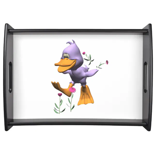 Cute Happy Cartoon Duck Running Through Flowers Serving Tray