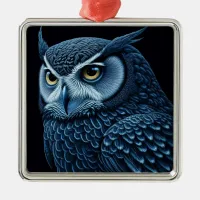 Blue and Black Serious Owl  Metal Ornament