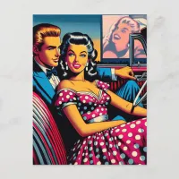 Retro Couple in Car at Drive In Movie Theatre Postcard