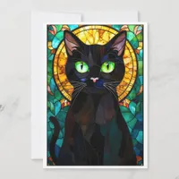 Stained Glass Style Charming Black Cat Green Eyes Card