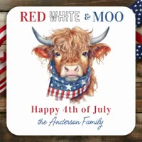 Patriotic Cow Happy 4th Of July Red White Blue Square Sticker