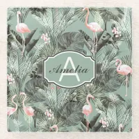Flamingo Orchid Tropical Pattern Sage ID868 Glass Coaster