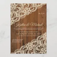 Rustic Wood & Beige / Tan Lace Wedding Invitation