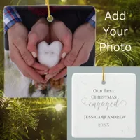 First Christmas Engaged Couple Photo Elegant Ceramic Ornament