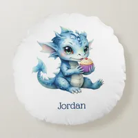 Cute Blue Baby Dragon Eating a Cupcake Round Pillow
