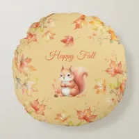 Happy Fall Squirrel in Leaves Round Pillow