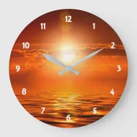 Tranquil Sunset Orange Golden Sky Over Sea Ocean Large Clock