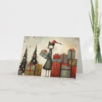 Whimsical Cute Cat with Christmas Gifts and Tree  Card