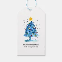 Modern Christmas Tree Watercolor Blue Gift Tags