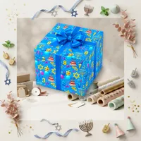 Vibrant Blue Hanukkah Birthday Celebration Wrapping Paper
