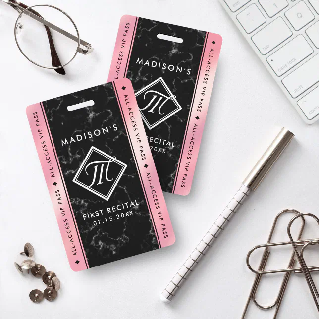 Elegant Pink Foil Black Marble VIP Event Badge