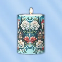 Monogram Log Cabin at Sunrise & Flowers on blue | Pillar Candle