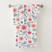 Watermelon Pink and Blue Watercolor Floral Bath Towel Set