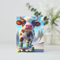 Adorable Mini Brown and White Cow Skateboarding Postcard