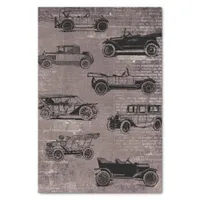 Vintage cars on taupe brick and newspaper print tissue paper