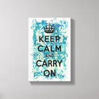 Keep Calm and Carry On Blue Wallpaper Damask Canvas Print