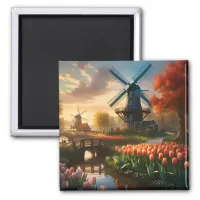 Windmill in Dutch Countryside by River with Tulips