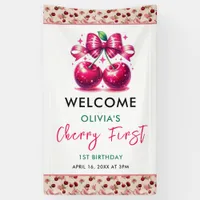 Watercolor Coquette Cherry 1st Birthday Party Banner