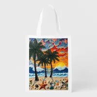 Beautiful Beach Scene with Palm Trees   Grocery Bag