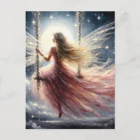 Fairy in a Pink Dress on a Swing Fantasy Art Postcard