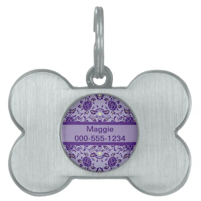 Elegant Flowery Purple Damask Pet Tag