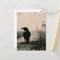 crow at the cemetery in the style of vintage postcard