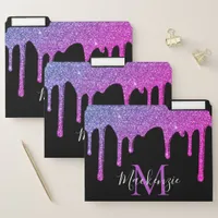 Purple Black Pink Sparkle Glitter Drips Monogram File Folder