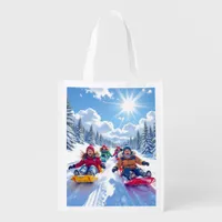 Children Gleefully Sledding Winter Fun Grocery Bag