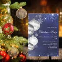 Navy blue silver baubles Christmas Party Invitation