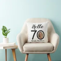 Hello 70 Black & White Dots Photo & Name Birthday Throw Pillow