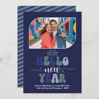 Indigo Horizon Hello New Year Blue Retro Photo Holiday Card