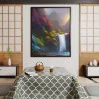 Fantasy Waterfall, Mountain and Forest Nature Art Poster