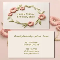 Pink green floral embroidery business card