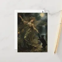 Gorgeous Fairy and Black Cat Dance in Moonlight Postcard
