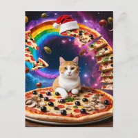 Surreal Cat on a Flying Pizza Festive Christmas Postcard