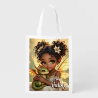 Cute Anime Fairy Girl and Chibi Dragon Grocery Bag