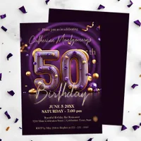 Luxurious Dark Purple and Gold 50th Birthday Invitation