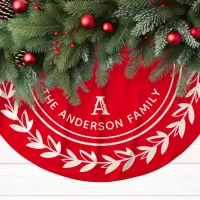 Monogram Wreath Striped Modern Red Christmas Brushed Polyester Tree Skirt