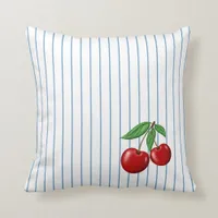 Red Cherries on Blue Stripes Pattern Throw Pillow