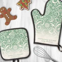 Snowflake Swirls On Green Cute Custom Christmas Oven Mitt & Pot Holder Set