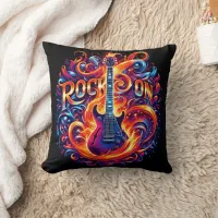 Guitar engulfed in vibrant night flames throw pillow