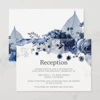 Navy & White with Silver Floral Wedding Reception Invitation