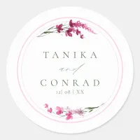 Wildflower Wedding Watercolor Names Fuchsia ID954 Classic Round Sticker