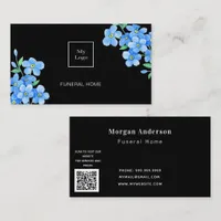 Funeral home service black blue floral QR code Business Card