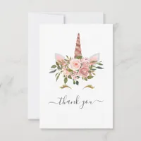 Blush Pink & Rose Gold Floral Unicorn Baby Shower  Thank You Card