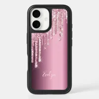 Pink rose gold glitter drip purple metallic name iPhone 16 case