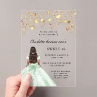 Sweet 16 green gold dress stars clear acrylic invitations