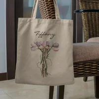 Tulip Bouquet Letter T Floral Monogram Custom Name Tote Bag