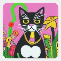 Whimsical Tuxedo Cat with Flower Folk Art Square Sticker