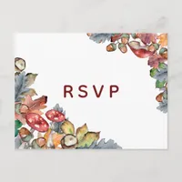 Dusty Blue Burgundy Fall Mushroom Wedding RSVP Invitation Postcard